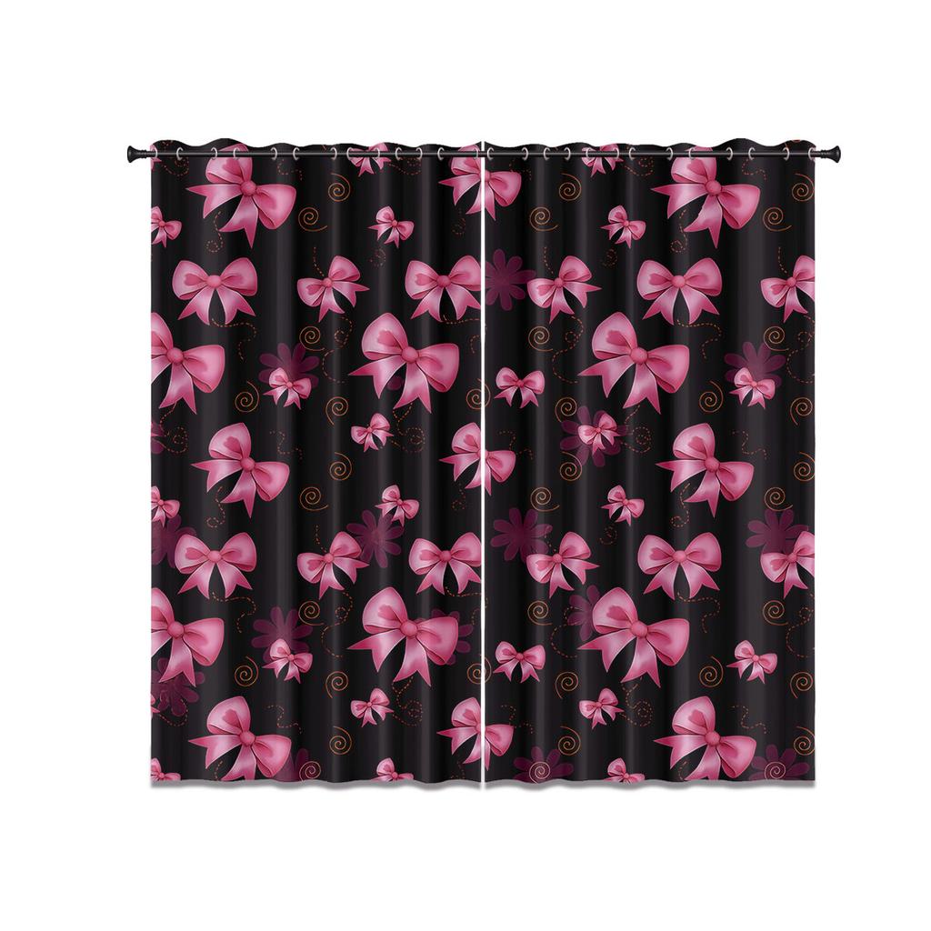 2Pcs Pink Bow Print Black Perforated Curtains Multiple Size Living Room And Bedroom Insulation Decoration, Easy Installation