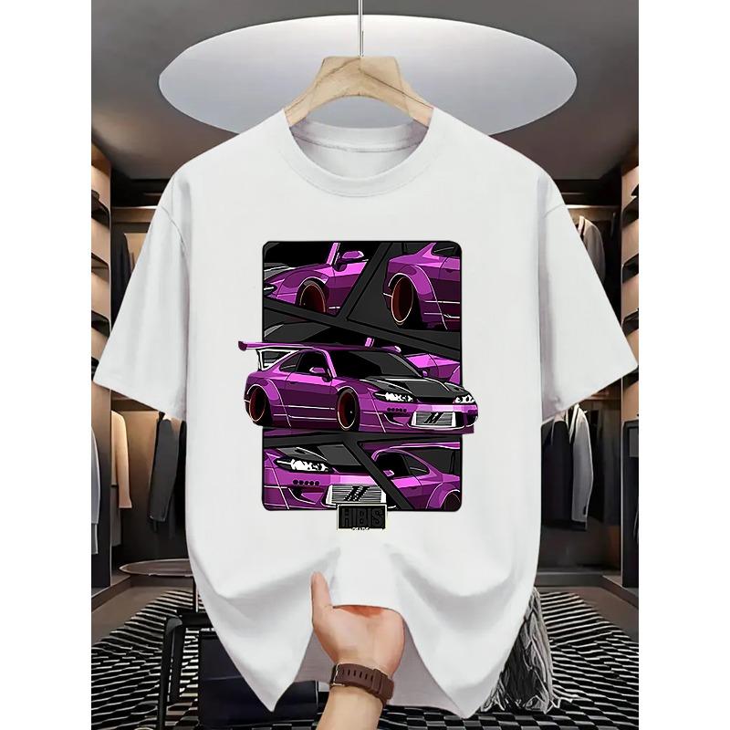 Europese maten 1 stuks Heren Zomer Casual T-shirt met Ronde Hals, Lichte Stretch, Normale Pasvorm Korte Mouwen T-shirt met Modieus Auto Print Ontwerp