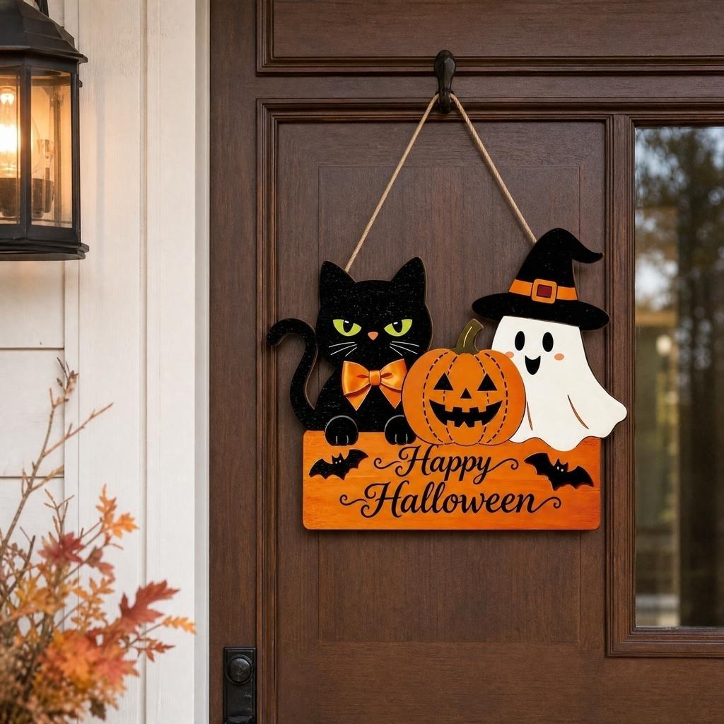 Halloween Pumpkin Wooden Door Hanger for Front Door Wall Decoration