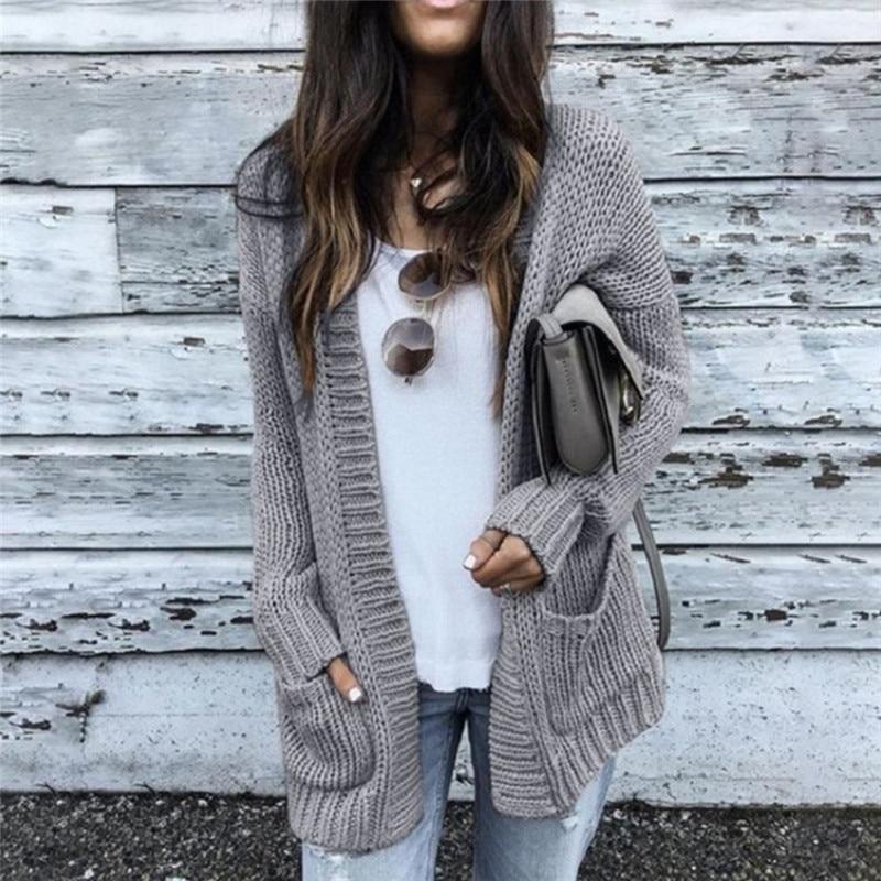 

Осень-зима Летучая мышь с длинным рукавом трикотажный кардиган женский гладкий вязаный свитер карманный дизайн кардиган женский джемпер пальто XXXL серый