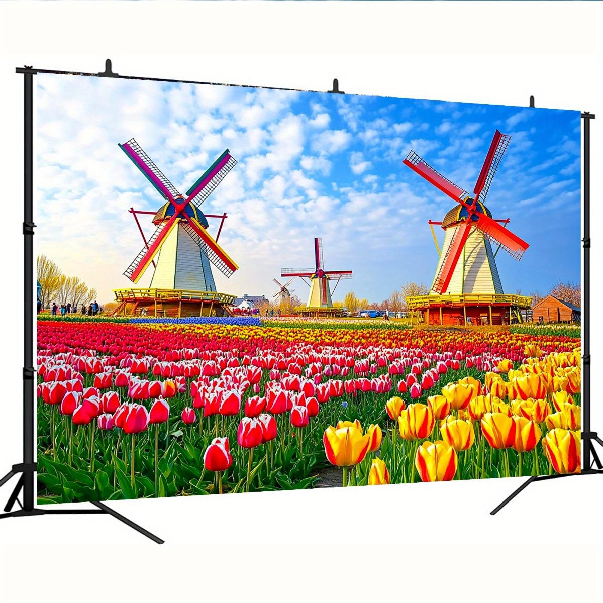 2D plane 1 Dutch windmill and tulip background fabric suitable for weddings birthdays and Dutch costume parties 100x150cm