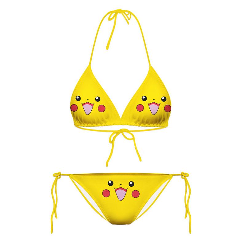 Pikachu Sarı Kadın Askılı Bikini - Bağcıklı Tasarımlı Seksi Üçgen Mayo