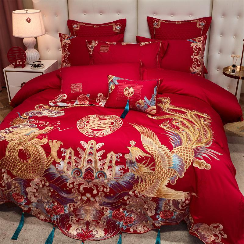 High-End Long-Staple Cotton Wedding 4Pcs Set Chinese Wedding Wedding Kit Big Red Embroidery Pure Cotton Wedding Bedding