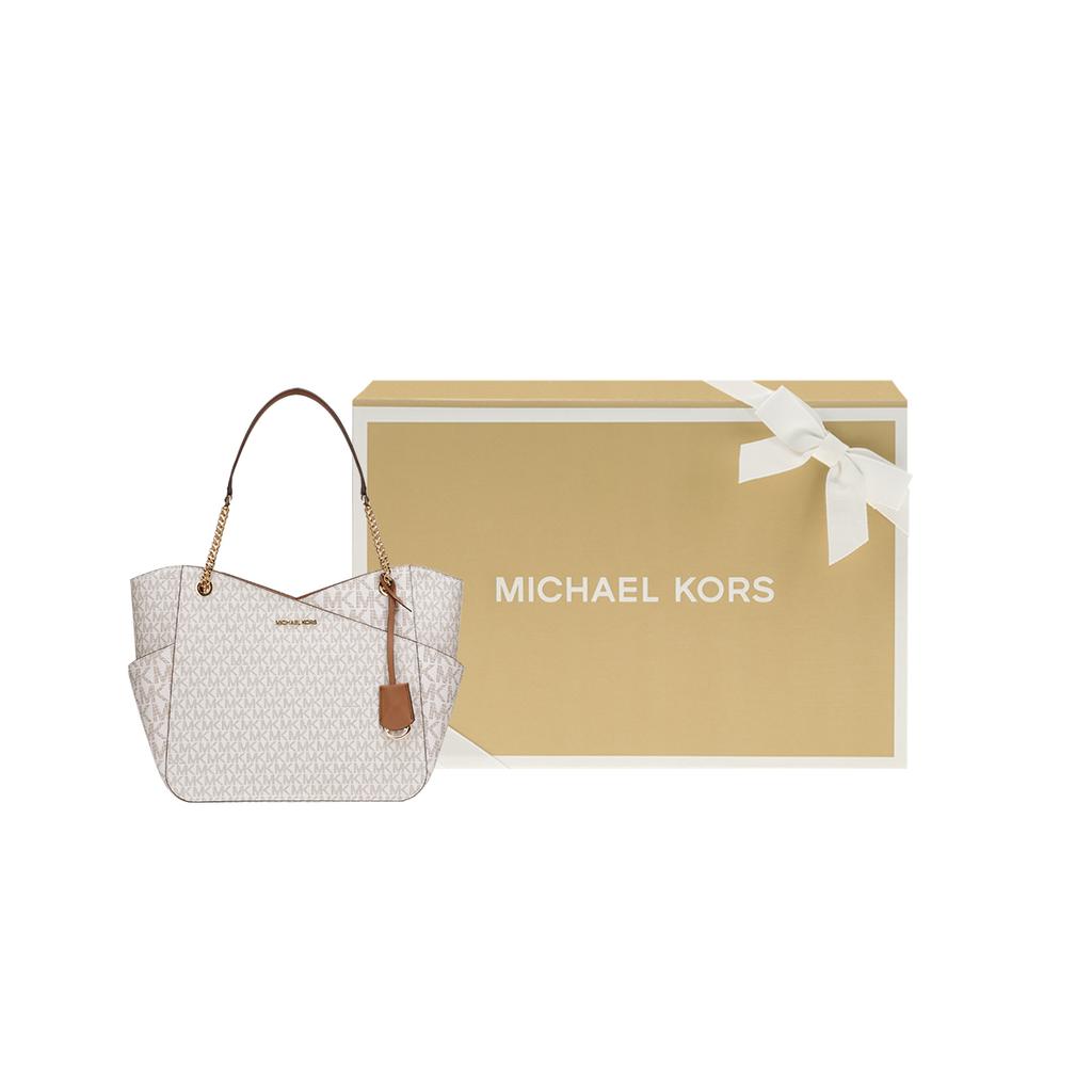 Michael Kors MK Jet Set Chain Logo Pendant Large Capacity Canvas Shoulder Bag Women Shoulder Bag Vanilla-White 35F1GTVT3B-VANILLA