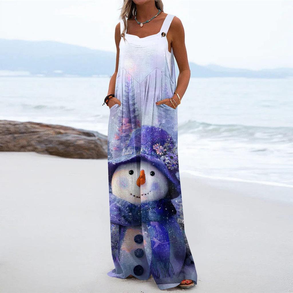 Women's Christmas Print Solid Wide Leg Strapless Tank Pocket Casual Onesie
