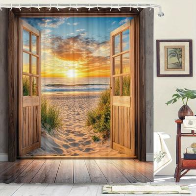 Attractive Beach Pattern Washable Dirt-Resistant Shower Curtain Shower Head Waterproof Polyester Bath Curtain For Home Decor