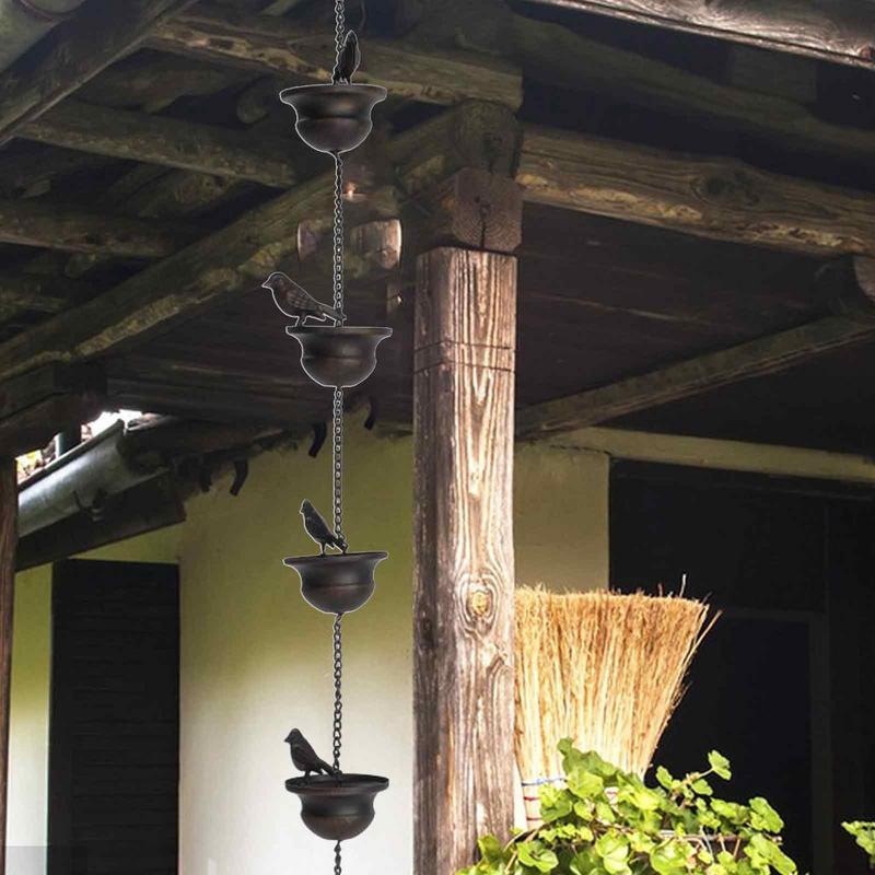 Creative Birds On Cups Metal Rain Chain Outdoor Rain Chain Rain Catcher Gutter Roof Rainwater Catcher Chain Drainage Downspout