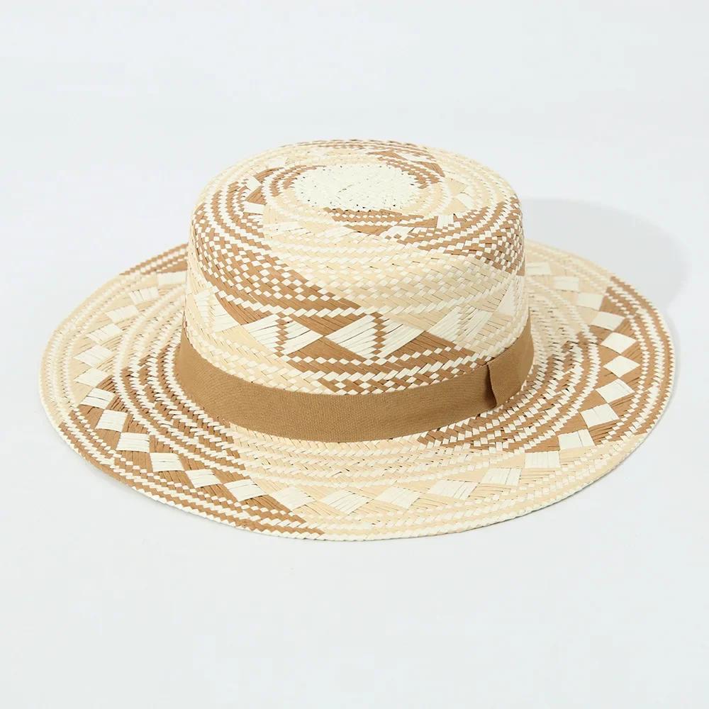 

2025 Hot sales New Fashion Flat Top Color Block Straw Hat Elegant Beach Vacation Sun Hat Concave Shape Sun Shade Hat