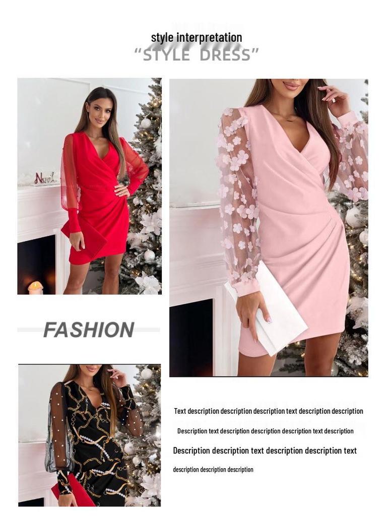 Women's Mid-Length Fall Lace High Neck Dress with Long Sleeves