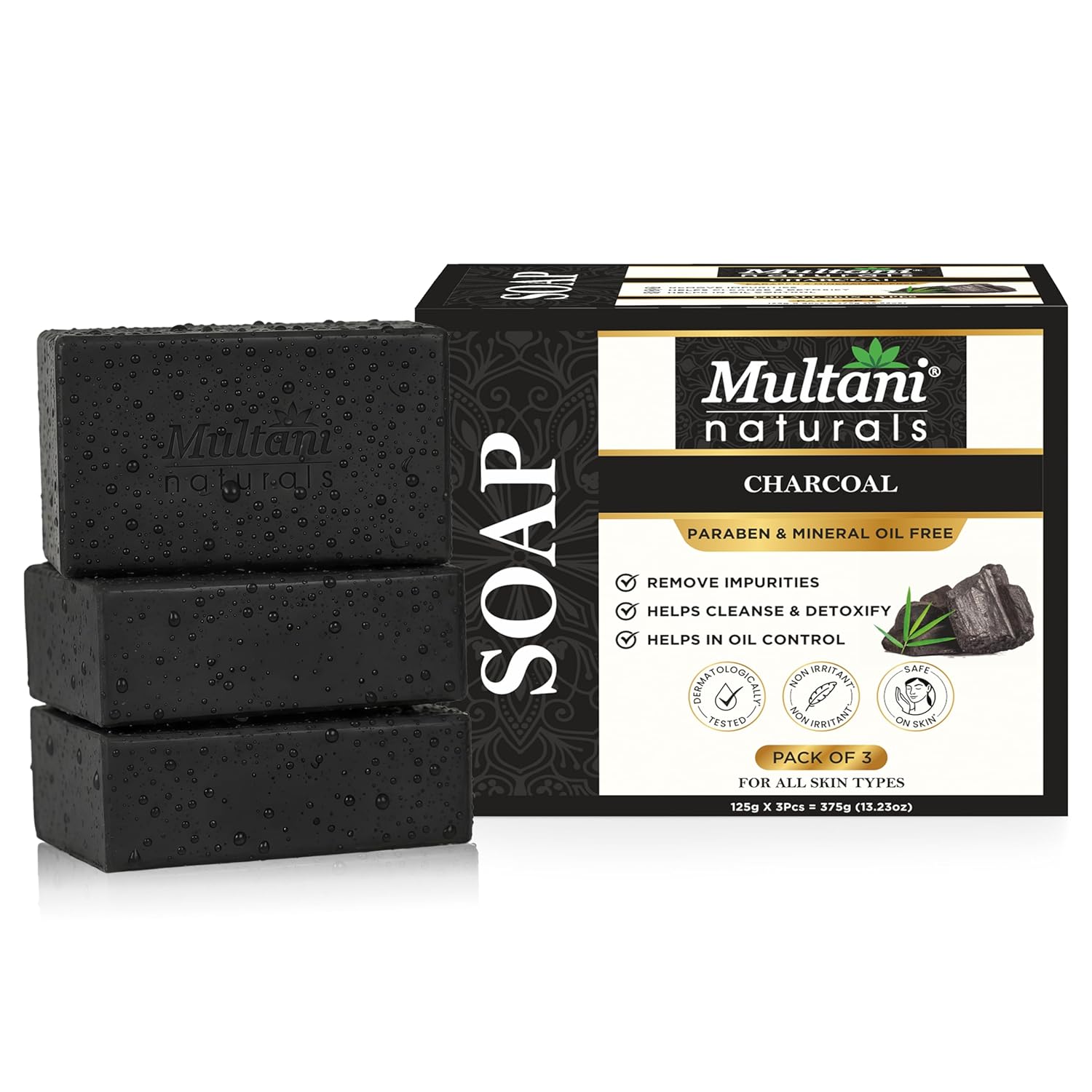

Multani Natural Charcoal Soap 125 g Pack Of 3 Pcs For Oily Skin Deep Cleansing Glow Paraben Free Glycerin Soap Bar