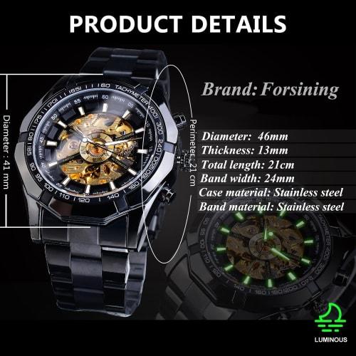 FORSINING Men's Automatic Skeleton Watch, Hollow Mechanical Automatic Luxury Watch with Blue and Black Stainless Steel Band, Waterproof, Black Gold, M