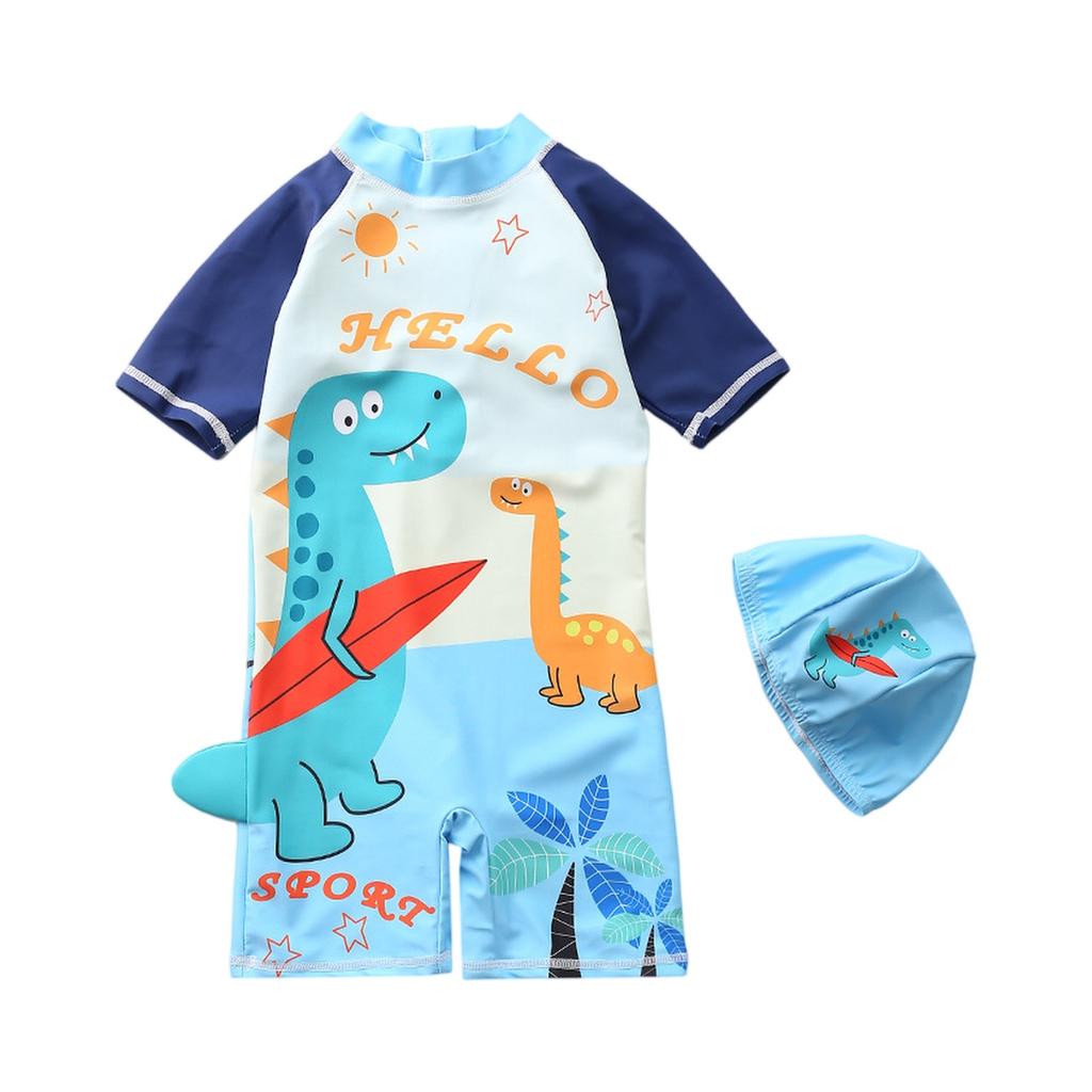 Boys Short Sleeve Hooded One-Piece Swimsuit Cartoon Dinosaur Print Beach Swimwear Summer Kids Swim Shirt with Matching Swim Cap
