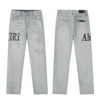 M48 Men's and Women's American Style Trendy Jeans with Fabric Patches, Holes, Embroidery, Casual and Fashionable High Street Pants