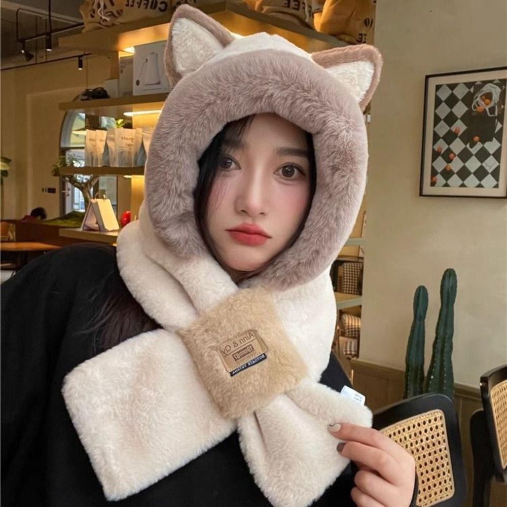 Plush Hat Cat Ears Hat Beanie Hat Hooded Scarf Warm Ear Protection Hat Winter/Autumn