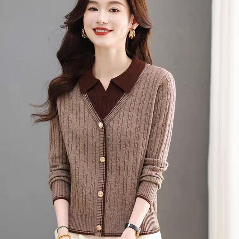 Autumn Winter Polo Neck Fake Two Pieces Knitting Top Women Casual Fashion All-match Vintage Pullover Sweater