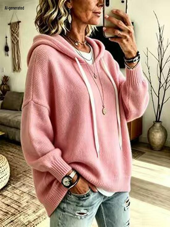 2026 Women's European & American Knit Hooded Drawstring Long Sleeve Loose Sweater Outerwear