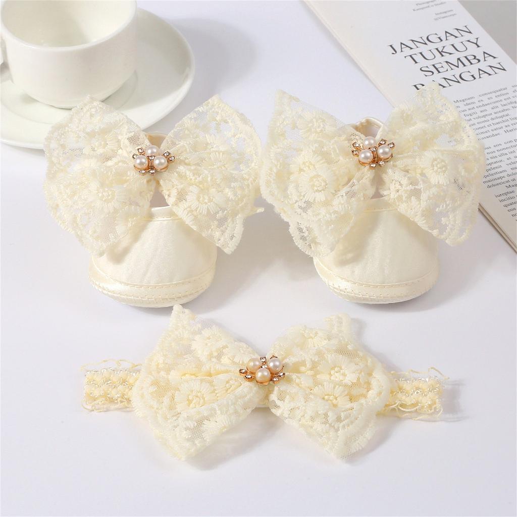 Baby Spitze Perle Schuhe + Haarband Set Baby Kleinkind Schuhe Weiche Sohle Große Schleife Dot Gummi Schuhe