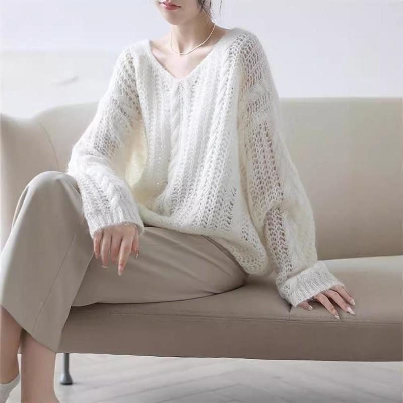 Soft waxy gentle wind sweater women's spring knitted sweater collar hollow knitted sweater lazy wind loose top tide