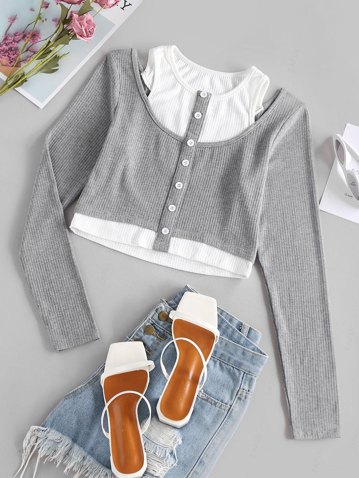 

ZAFUL Ribbed Colorblock Mock Button Crop Twofer T Shirt S серый