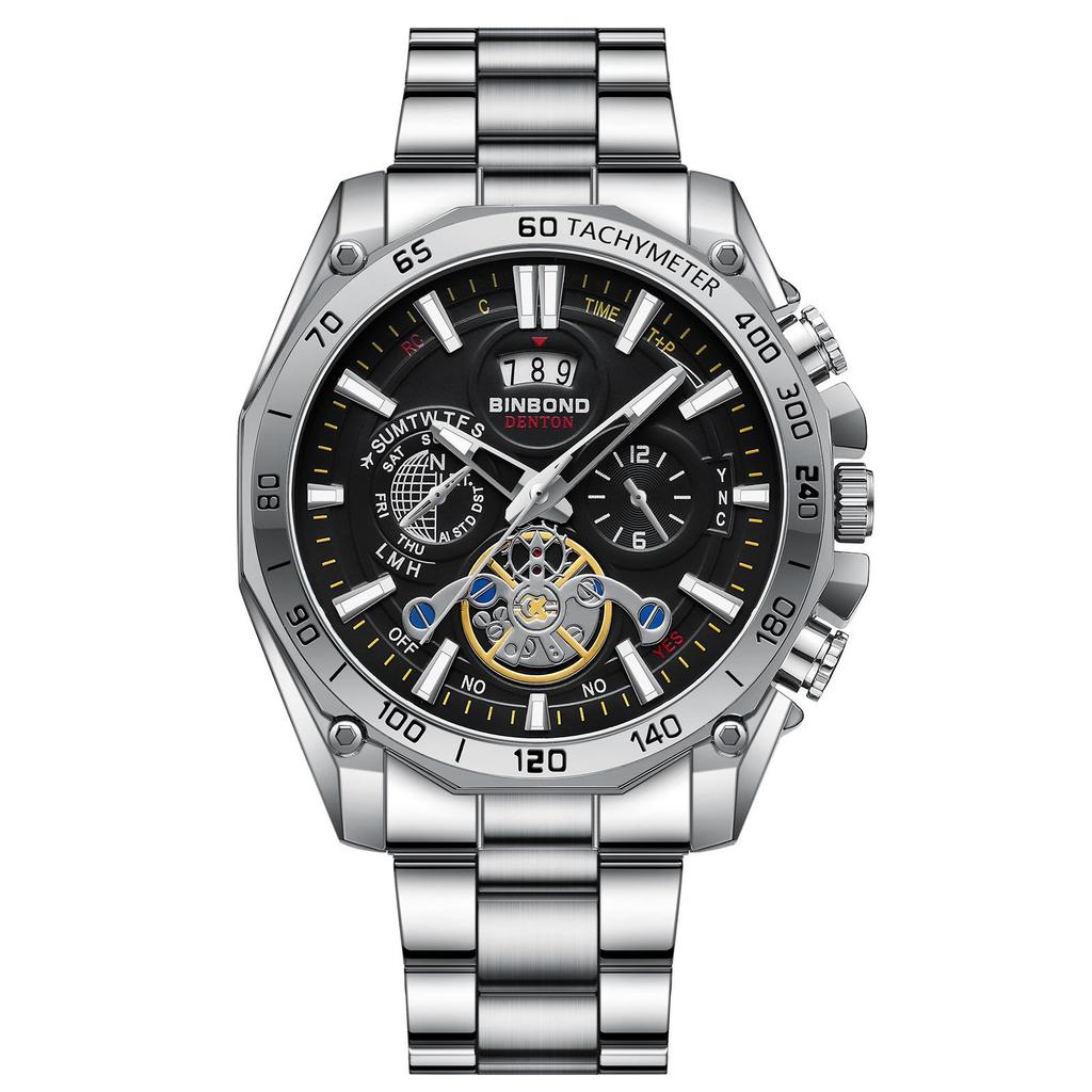 BINBOND Men's Luminous Trendy Tourbillon Watch with Steel Band, Three Dials & Six Hands