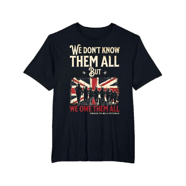 s British Military T-Shirt - UK Army Soldier Design with Union Jack & WWII-Inspired Slogans (WE OWE THEM ALL) - 100% -Shrink Casual Fit Short Sleeve S чёрный
