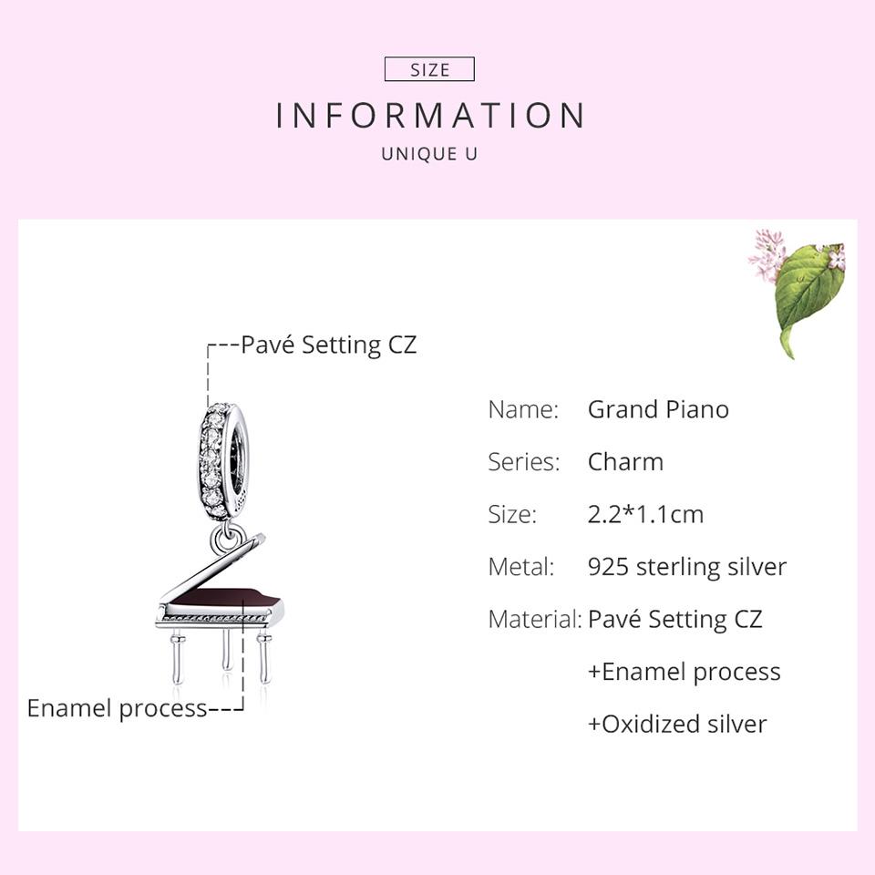 Bamoer 925 Sterling Silver Shiny Cubic Zirconia Grand Piano Charm Pendant for Original 3mm Bracelets & Necklaces