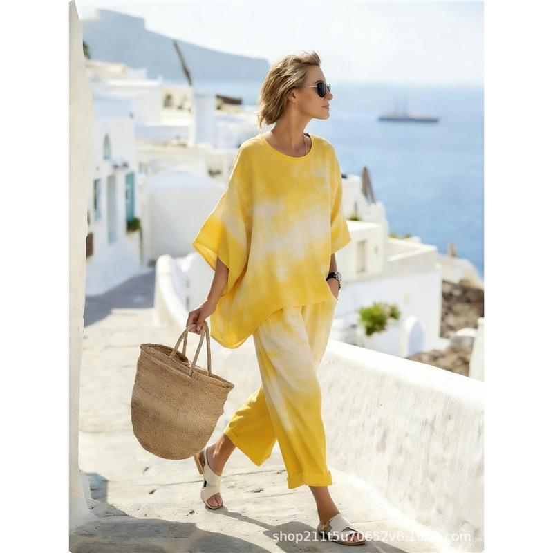 Comfortable seven-quarter sleeve two-piece set Bohemian women's clothing printed casual suit European and American
