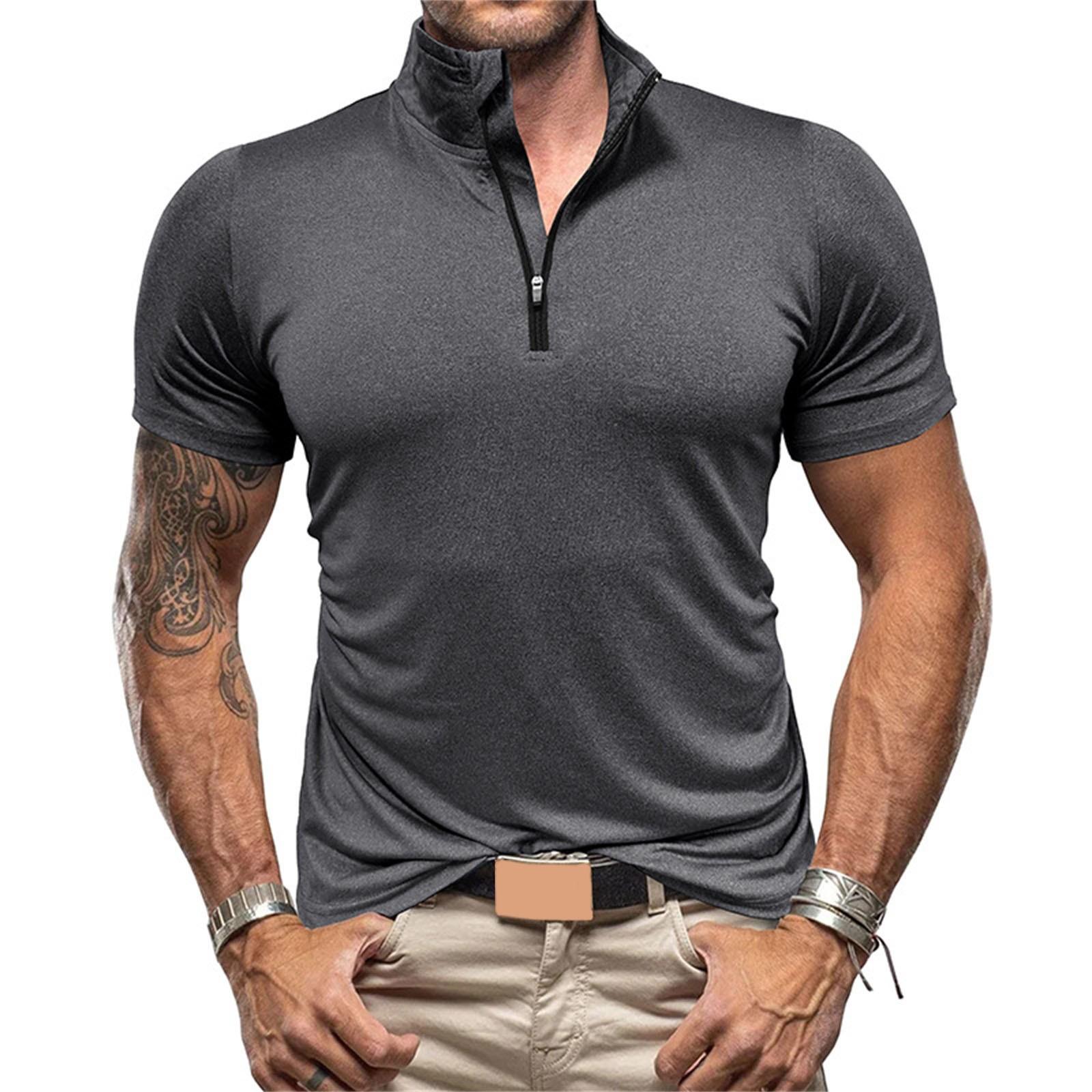 

Модная деловая футболка для отдыха, новая однотонная мужская футболка с застежкой-молнией, простые тренировочные рубашки для мужчин, свободная мужская футболка для высоких мужчин XXL чёрный