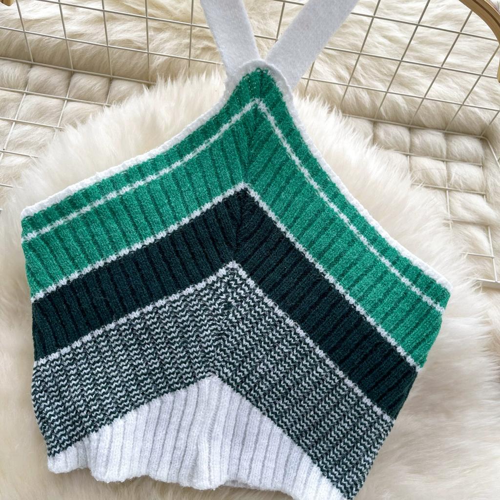Summer Women Sexy Knitted Striped Sweater Halter Tops Vest and Mini Short Bodycon Sheath Skirt Two Piece Set