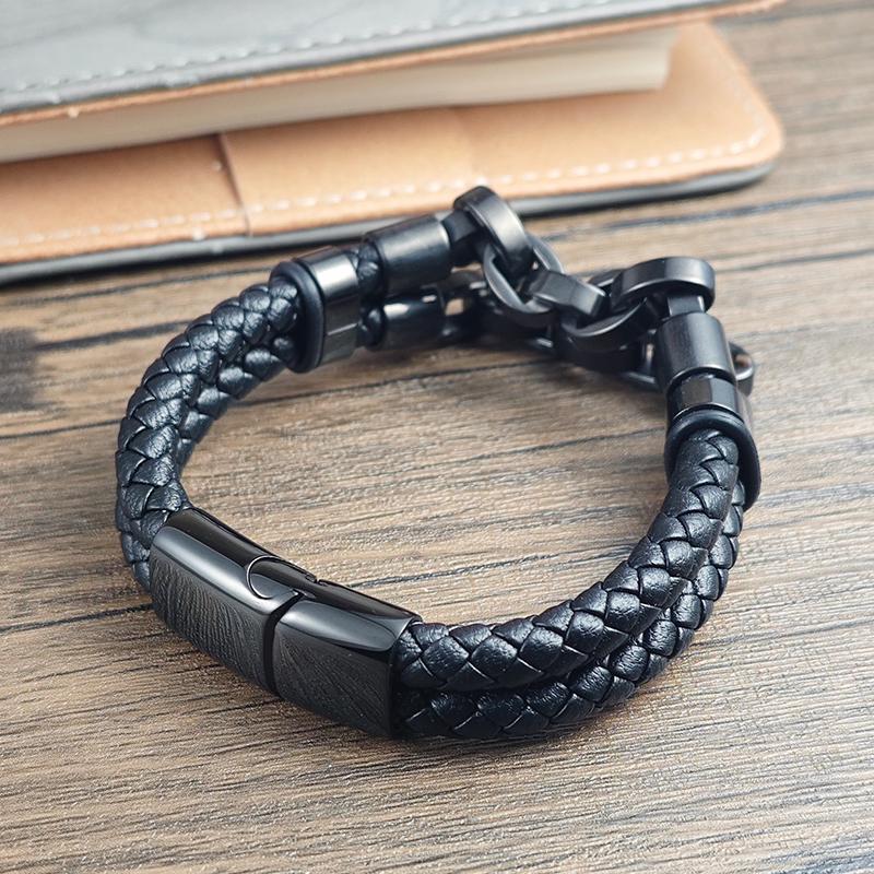 Men's Leather Cuban Chain Style Bangle Stainless Steel Braided Magnetic Buckle Punk Bracelet Homme Hand Accessories Jewelry Gift