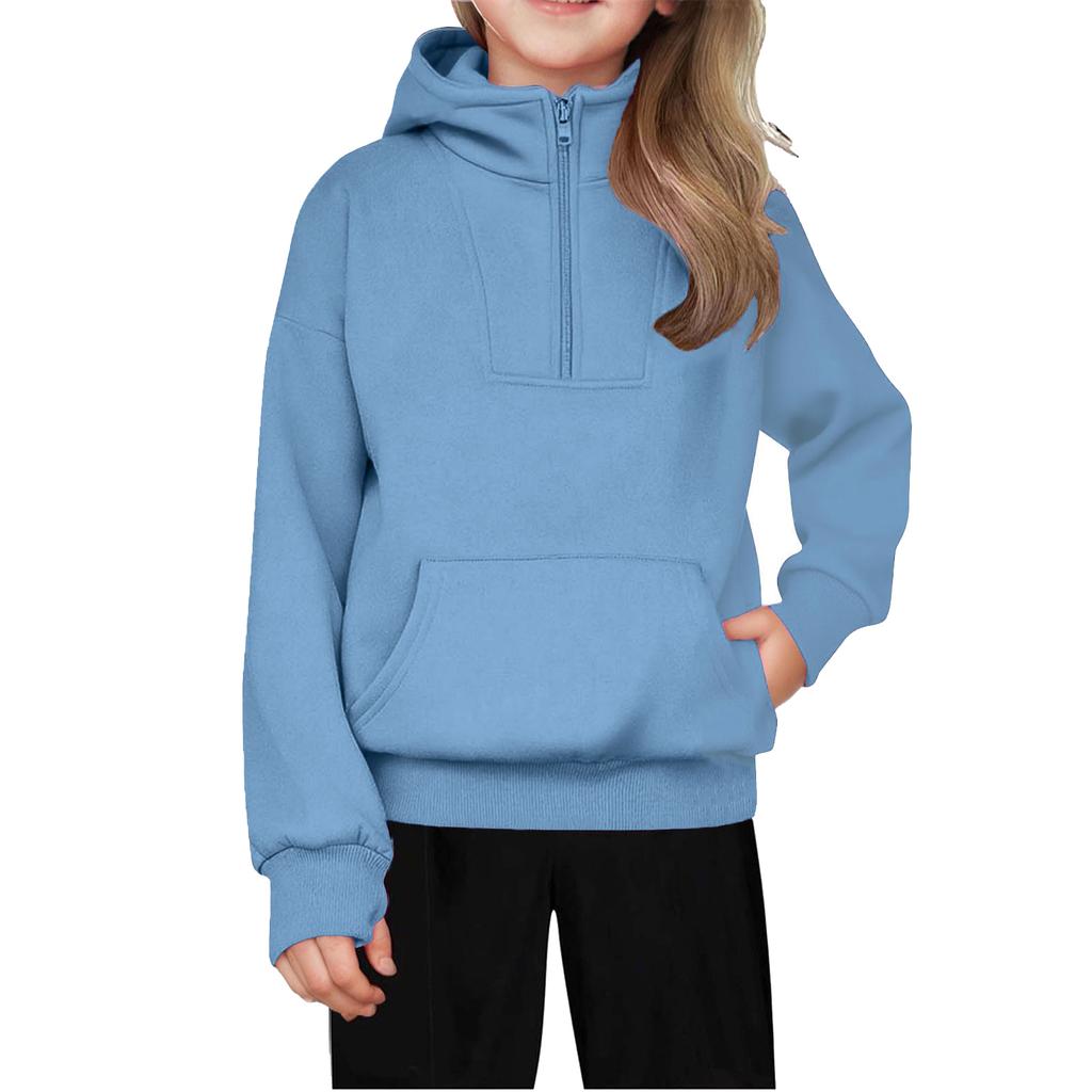 Children's Relaxed Fit Half-Zip Sweatshirt Fleece-Lined Girls' Solid Color Hooded Sweatshirt