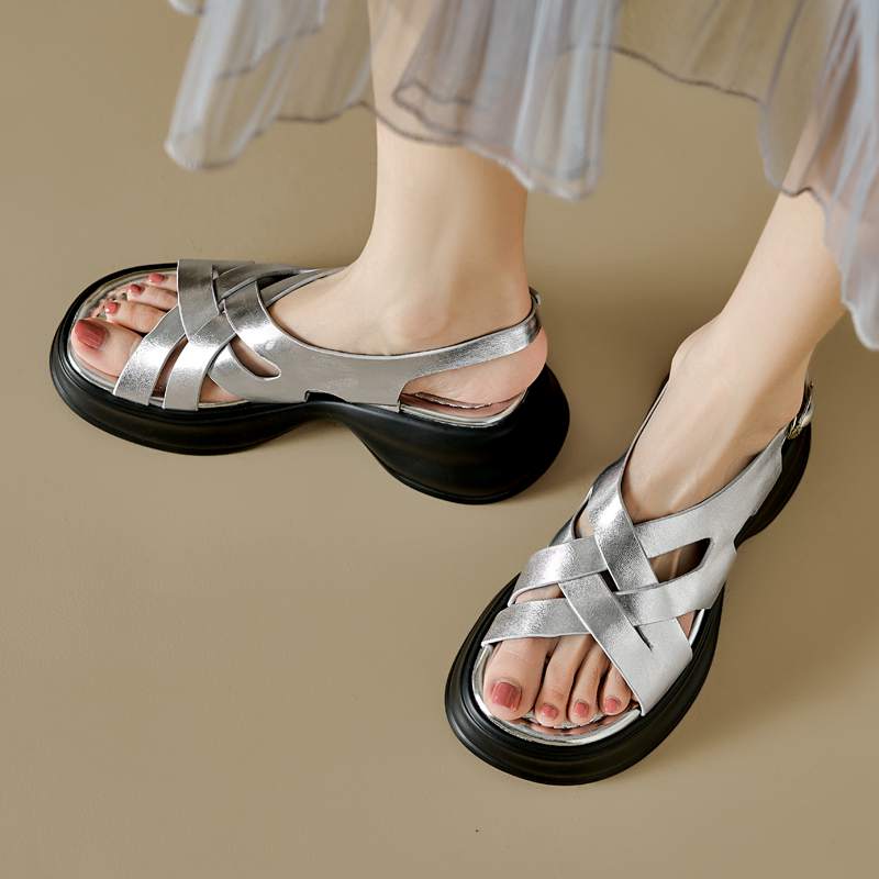 Krazing Pot Sheepskin Peep Toe Thick High Heels Summer Shoes Buckle Straps Platform Weaving Style Women Sandals