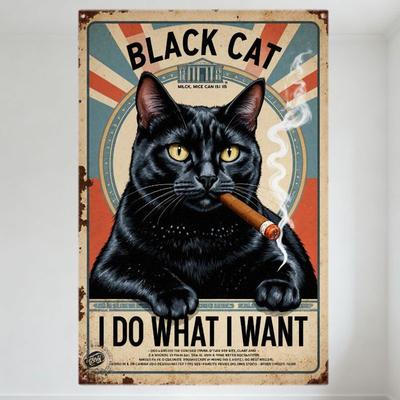 Vintage Schwarze Katze mit Zigarrenblechschild, Radiale Rot-Weiß-Blaue Streifen, 'BLACK CAT' 'ICH TUE, WAS ICH WILL' Text, Verwittertes Metallschild
