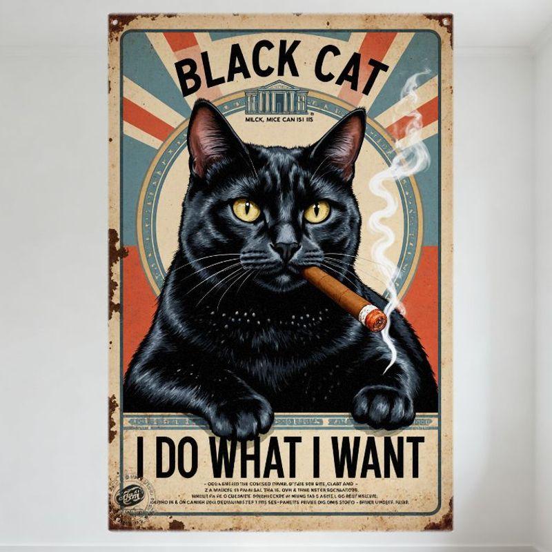 

Vintage Black Cat with Cigar Tin Sign, Radial Red White Blue Stripes, BLACK CAT I DO WHAT I WANT Text, Weathered Metal Sign 20x30cm（7.8x11.8inch）