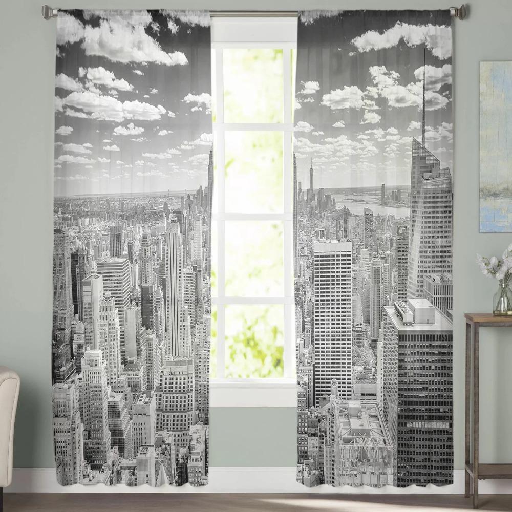 Grey New York City Sheer Voile Curtains Window Treatment for Kitchen Living Room Bedroom Decoration Modern Tulle Curtains