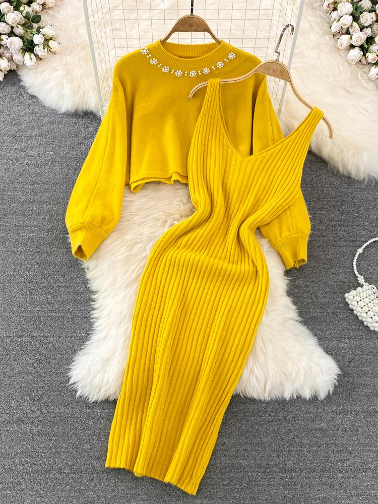 Women's Temperament Round Neck Nail Beads High Waist Short Sweater Two Piece Knitted Vest Dress Autumn Winter 2026 SM7815