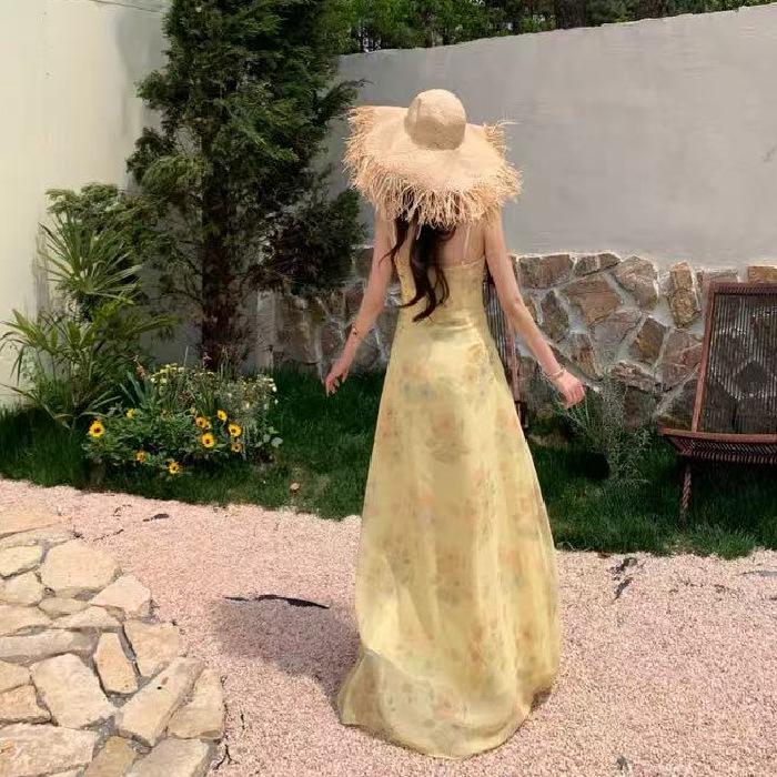 2026 summer French vacation ruffled small fly sleeve cream yellow print V-neck spaghetti waist-cinching fairy dress