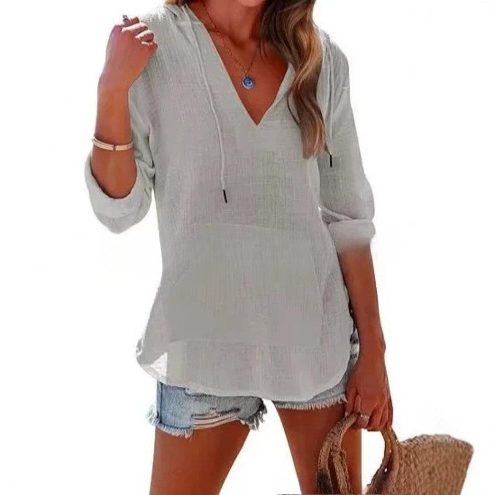 Spring and Summer Beach Cover-Up Hooded Long-Sleeved V-Neck Pockets Hooded Shirt for Women