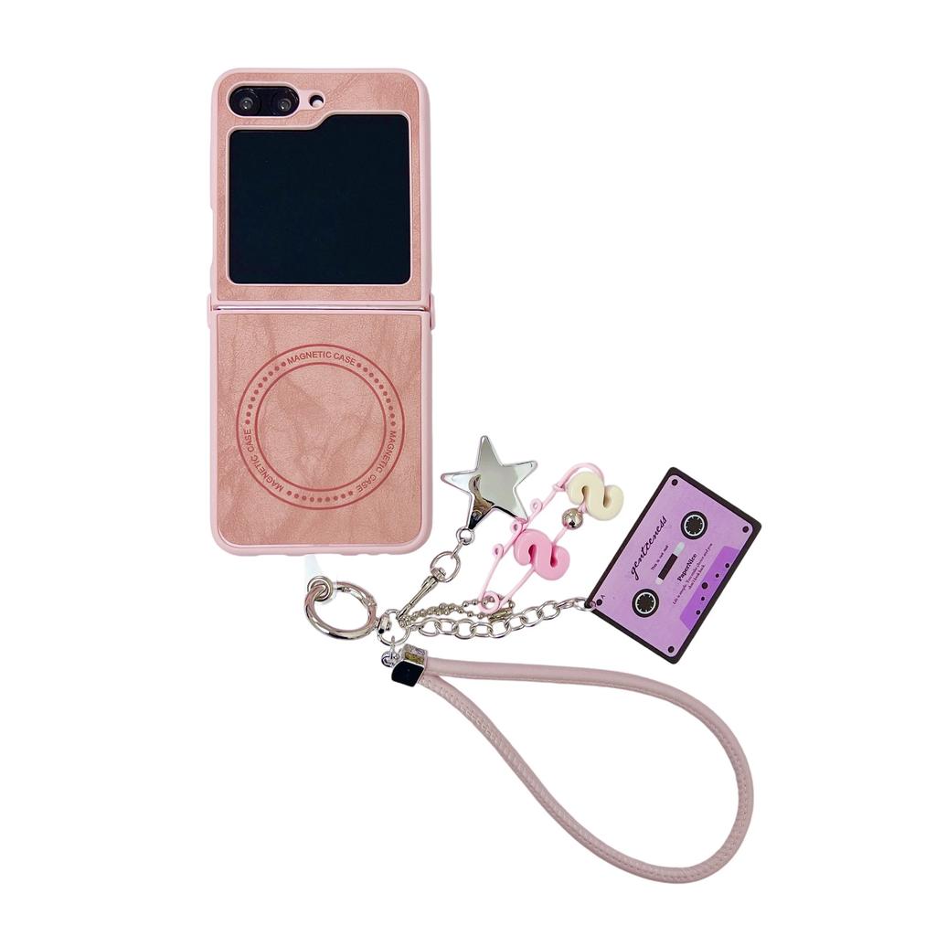 Cute Stars Magnetic Wireless Charging Wrist Strap PU Leather Phone Case for Samsung Galaxy Z Flip 6 5 4 3 Protective Cover