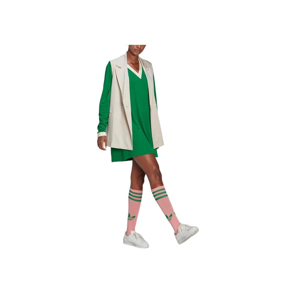 Adidas Originals Solid Logo V-Neck Pullover Long Sleeve Dress Women Dresses Green IB2051