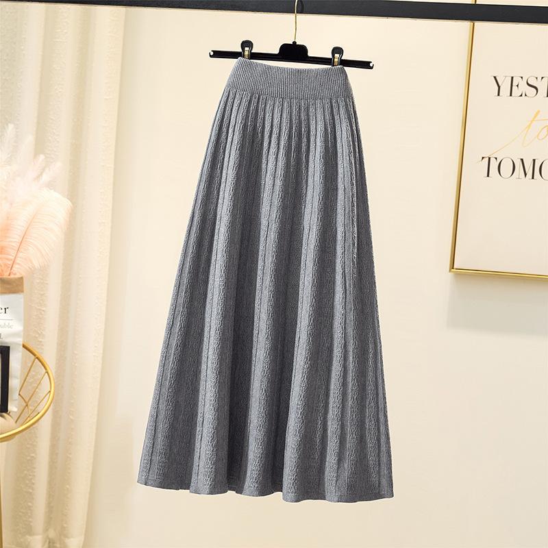 Knitted Skirt for Women Autumn and Winter High Waist Mid Length A-line Pleated Skirt