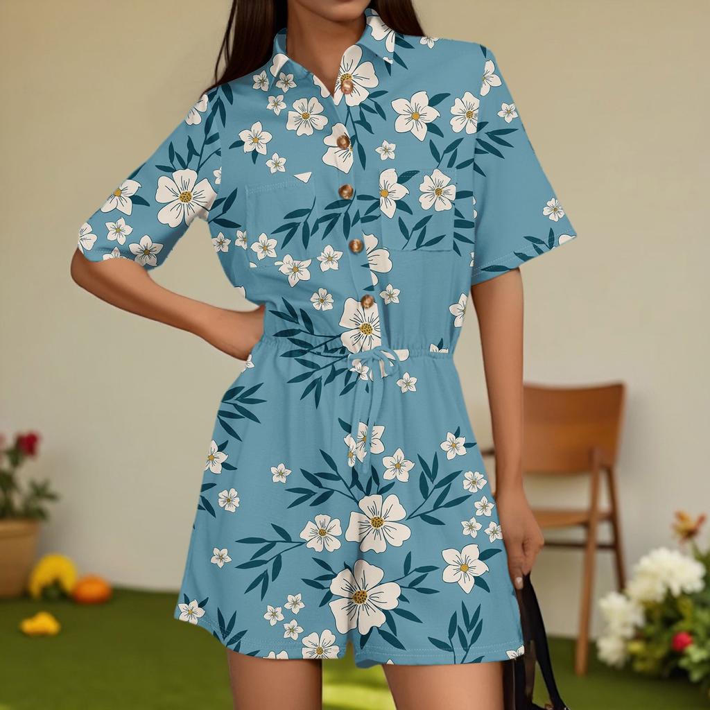 Damenmode V-Ausschnitt Jumpsuit Karomuster Lässig Kurzarm Top Jumpsuit