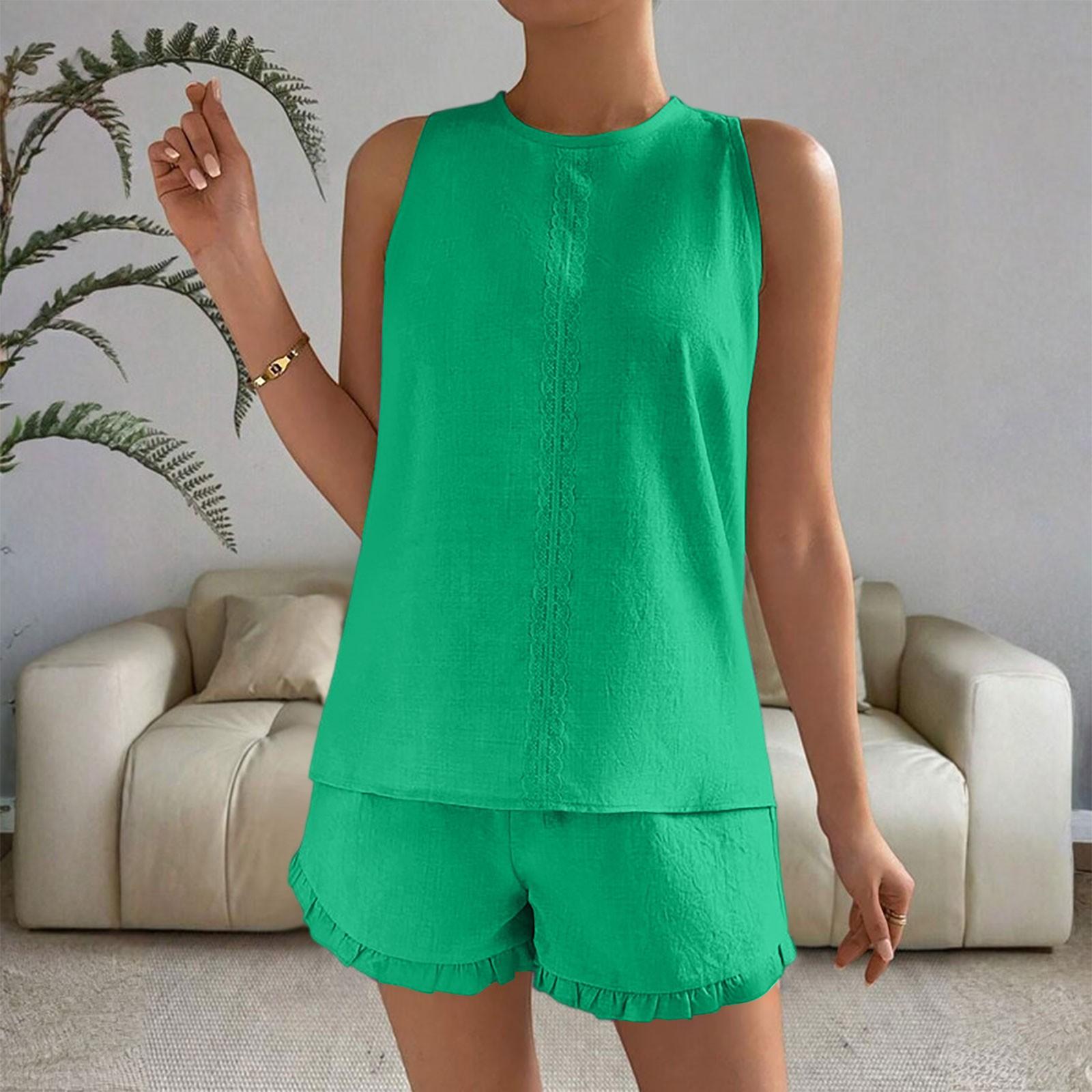 

Женский модный повседневный летний однотонный топ без рукавов с оборками и мягкими удобными шортами M зелёный