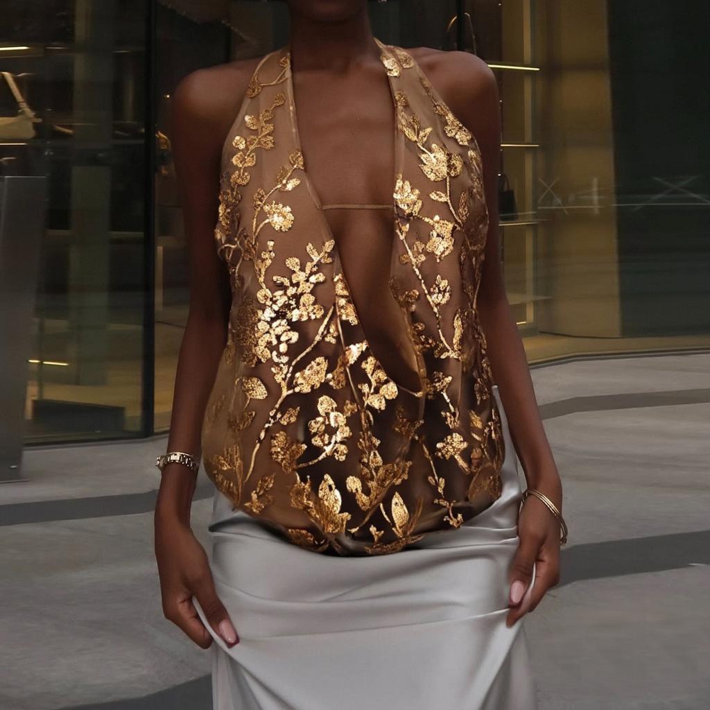 Glitter Sequined Vest, Deep V-neck, Hollow Halter Top