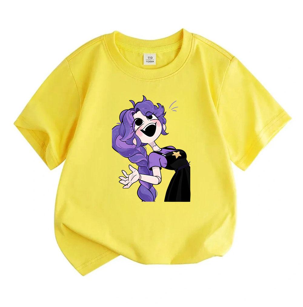 Kids Boys Girls 100% Cotton Short Sleeve Crew Neck T-Shirt, Cute Cartoon Purple Hair Robot Character Print Casual Soft Breathable Summer Tee for Child
