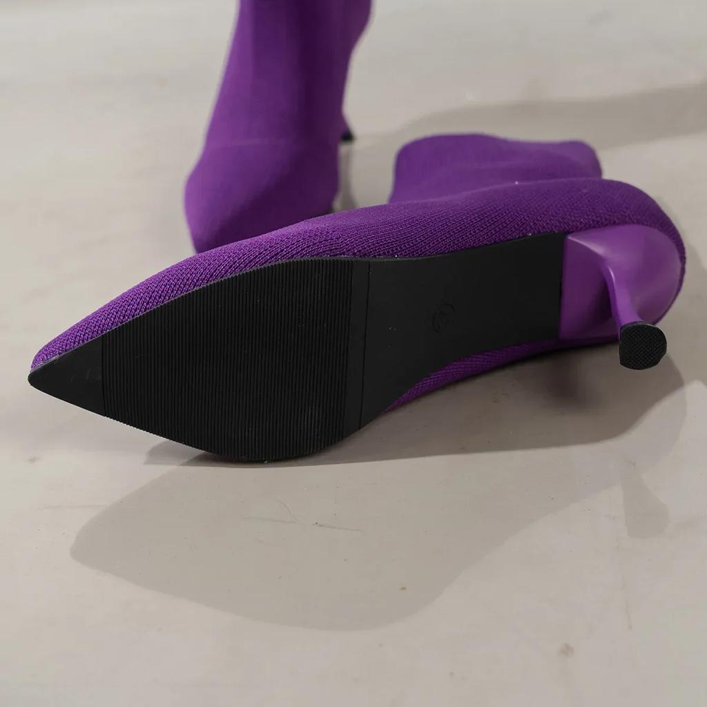 Women Elastic Sock Boots Autumn Winter Stiletto High Heels Knitted Ankle Boots Woman Slip-On Pointed Toe High-heeled Botas Mujer
