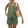 Women's V Neck Single Breasted Sleeveless Vest and High Waist Shorts Casual Two Piece Set with Pockets and Button Closure