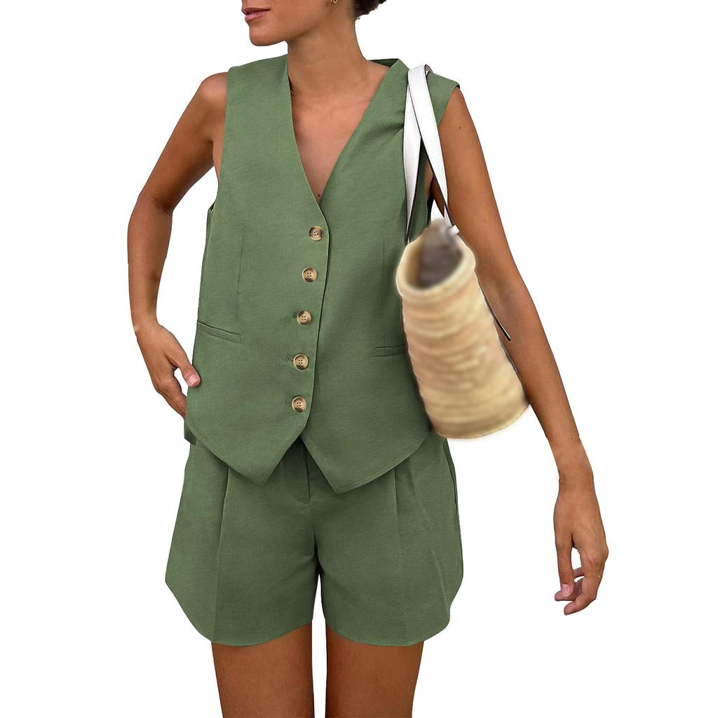 Women's V Neck Single Breasted Sleeveless Vest and High Waist Shorts Casual Two Piece Set with Pockets and Button Closure
