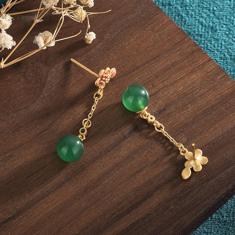 Guochao Cloisonné Enamel Stud Earrings with Natural Chalcedony Tassels