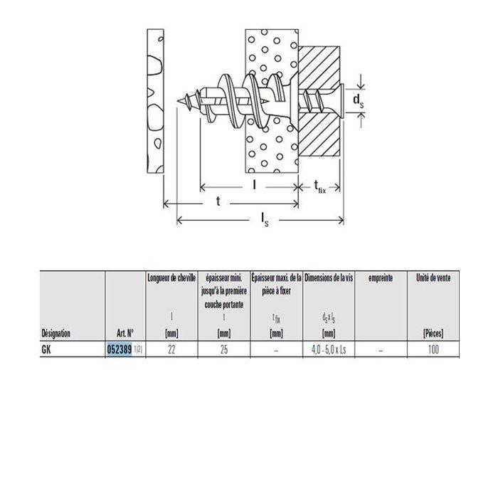 Chevilles Autoperceuse Nylon Pour Carton Plâtre GK L22 Boîte De 100 - FISCHER - 52389